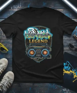 Hip Hop Legend text above a retro boombox graphic on a black t-shirt, 80s music theme