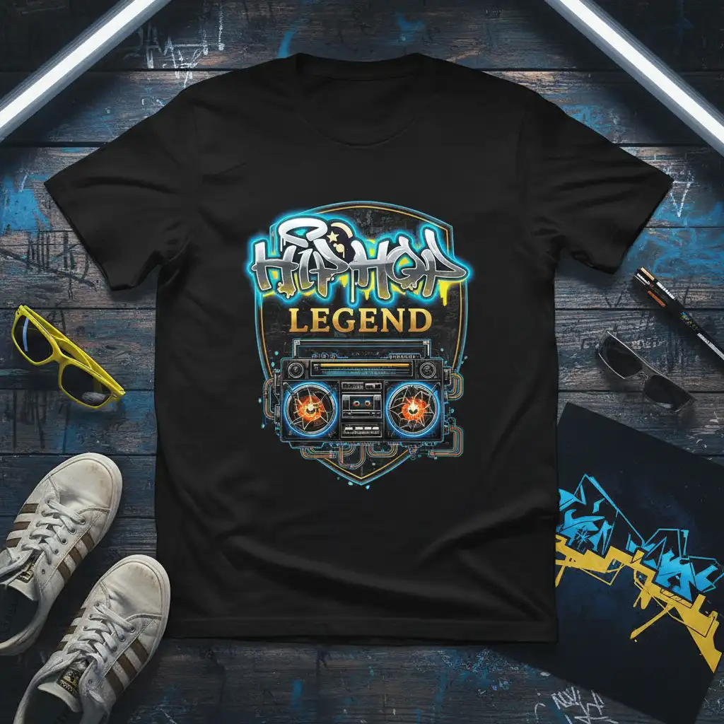 Hip Hop Legend graphic tee with retro boombox, celebrating old-school rap and 80s music culture