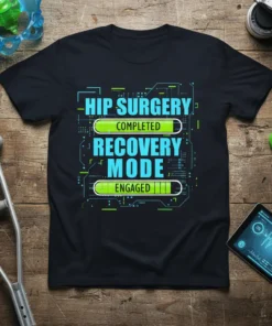 Black t-shirt with "Hip Surgery Completed Recovery Mode Engaged" text in tech-style font and progress bars