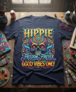 Hippie Freedom Forever Good Vibes Only t-shirt with psychedelic skull graphic and peace sign, vibrant colors