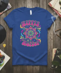 Hippie Heifer t-shirt with colorful retro peace symbol and wavy text design