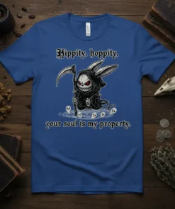 Hippity, hoppity, your soul is my property t-shirt with a grim reaper bunny design and dark gothic humor