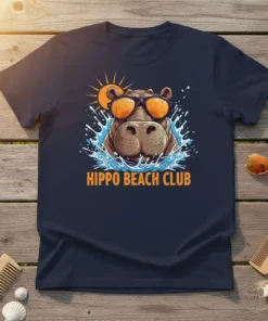 HIPPO BEACH CLUB text on a navy t-shirt featuring a cartoon hippo wearing sunglasses in water with a sun graphic