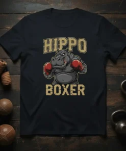 Hippo Boxer T-Shirt featuring a muscular cartoon hippo wearing boxing gloves and the text "HIPPO BOXER"