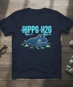 HIPPO H2O text above a hippo submerged in water with lily pads, graphic t-shirt design