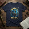 Hippo Stargazer t-shirt design with a blue and gold hippo head and starry celestial background
