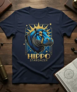 Hippo Stargazer t-shirt design with a blue and gold hippo head and starry celestial background