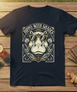 Hippo With Shades text design on a navy t-shirt featuring a hippopotamus wearing sunglasses in a decorative frame