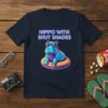 Hippo with shut shades t-shirt design featuring a blue hippo wearing sunglasses and floating on an inner tube, with neon