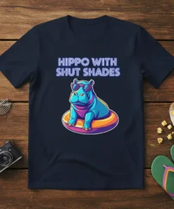 Hippo with shut shades t-shirt design featuring a blue hippo wearing sunglasses and floating on an inner tube, with neon