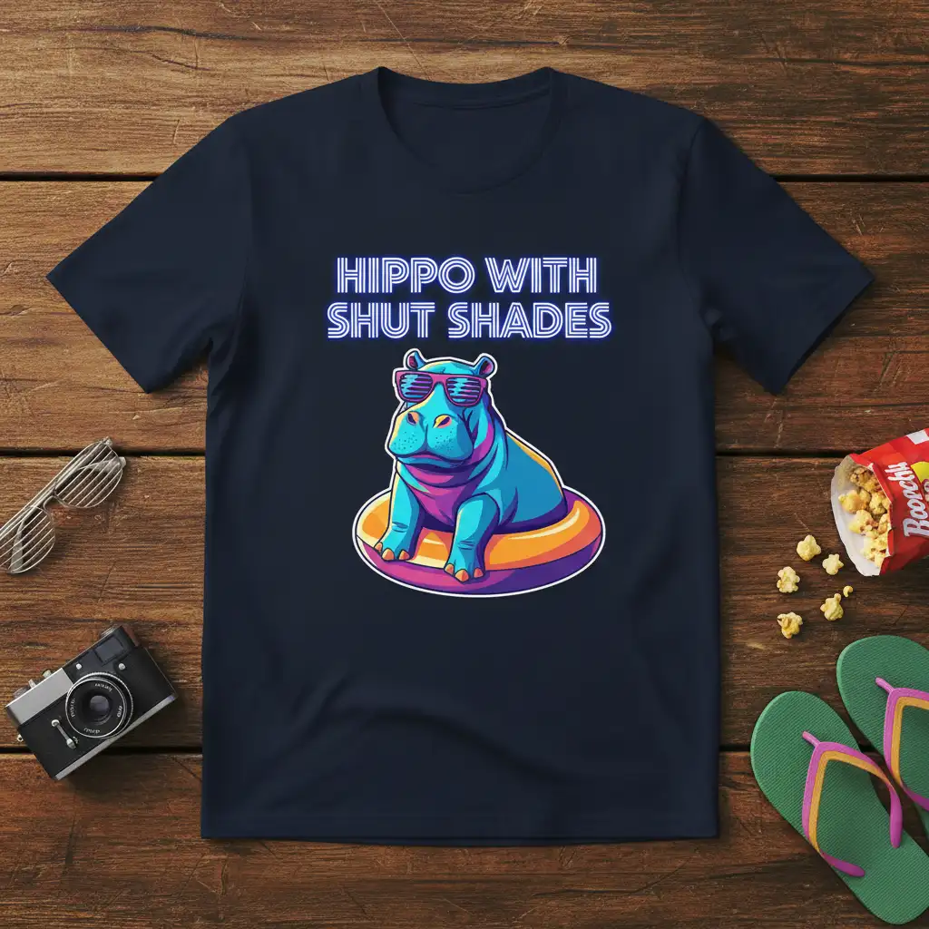 HIPPO WITH SHUT SHADES text design with a cool blue hippo in sunglasses on an inflatable tube