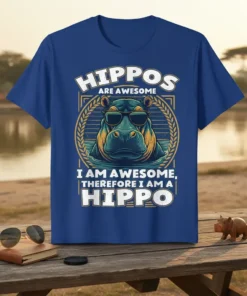 Blue t-shirt design with text "Hippos Are Awesome I Am Awesome, Therefore I Am A Hippo" and a cool hippo