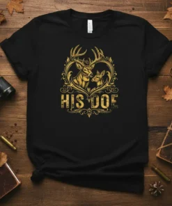 His Doe matching couple t-shirt design featuring golden deer silhouette within a heart-shaped frame
