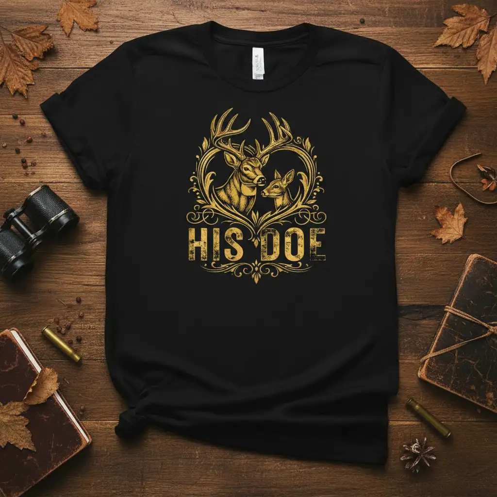 His Doe matching couple t-shirt design with golden deer artwork and ornate heart frame