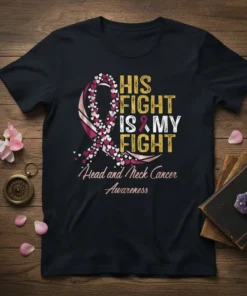 His Fight Is My Fight Head and Neck Cancer Awareness T-Shirt featuring a pink and burgundy ribbon with hearts