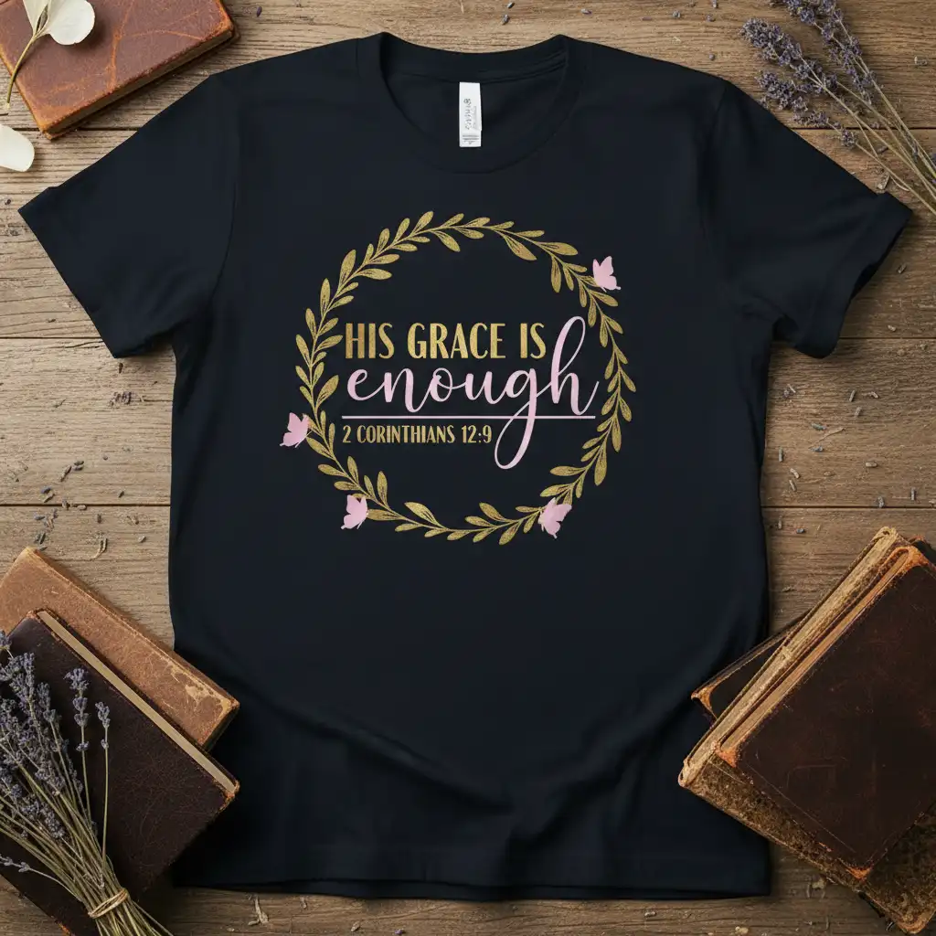 His Grace Is Enough scripture text with 2 Corinthians 12:9 verse on a black t-shirt with gold wreath design