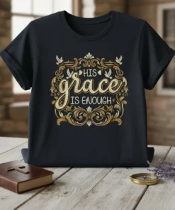 Christian t-shirt with elegant gold script reading "His Grace Is Enough" surrounded by ornate scrollwork and doves