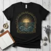 Black t-shirt with "His Mercies Are New Every Morning" text and ocean sunrise graphic, Lamentations 3:22-33 scripture