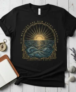 Black t-shirt with "His Mercies Are New Every Morning" text and ocean sunrise graphic, Lamentations 3:22-33 scripture