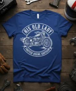 His Old Lady Forever Riding Shotgun t-shirt with a vintage motorcycle graphic and flames