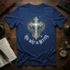 Christian t-shirt with "His Way Is Better" text and a decorative golden cross graphic with sparkling accents