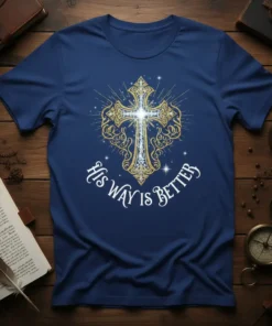 Christian t-shirt with "His Way Is Better" text and a decorative golden cross graphic with sparkling accents