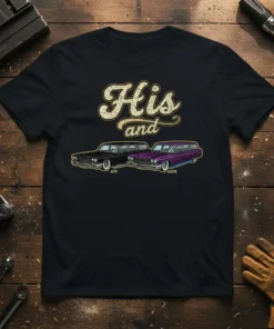 His and Her Cars T-Shirt with vintage black and purple station wagons, text "His and" above and "HER HIS" below