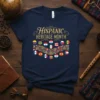 Hispanic Heritage Month t-shirt design with golden text and surrounding flags and pyramids