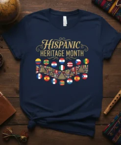 Hispanic Heritage Month t-shirt design with golden text and surrounding flags and pyramids