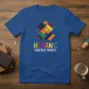 Hispanic Heritage Month t-shirt with colorful geometric abstract design and bold text