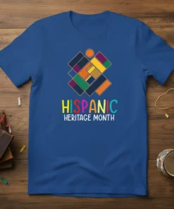 Hispanic Heritage Month t-shirt with colorful geometric abstract design and bold text