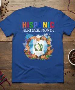 Hispanic Heritage Month t-shirt with colorful text and Guatemalan flag emblem surrounded by hands and foliage
