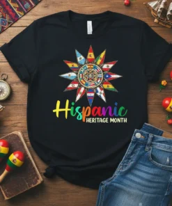 Hispanic Heritage Month t-shirt with colorful flags arranged in a sunburst design and vibrant text