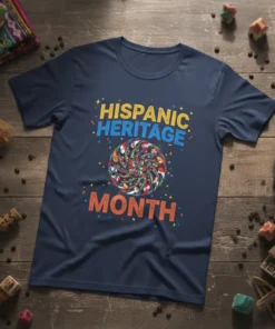 Hispanic Heritage Month t-shirt with colorful flag mosaic design and bold text
