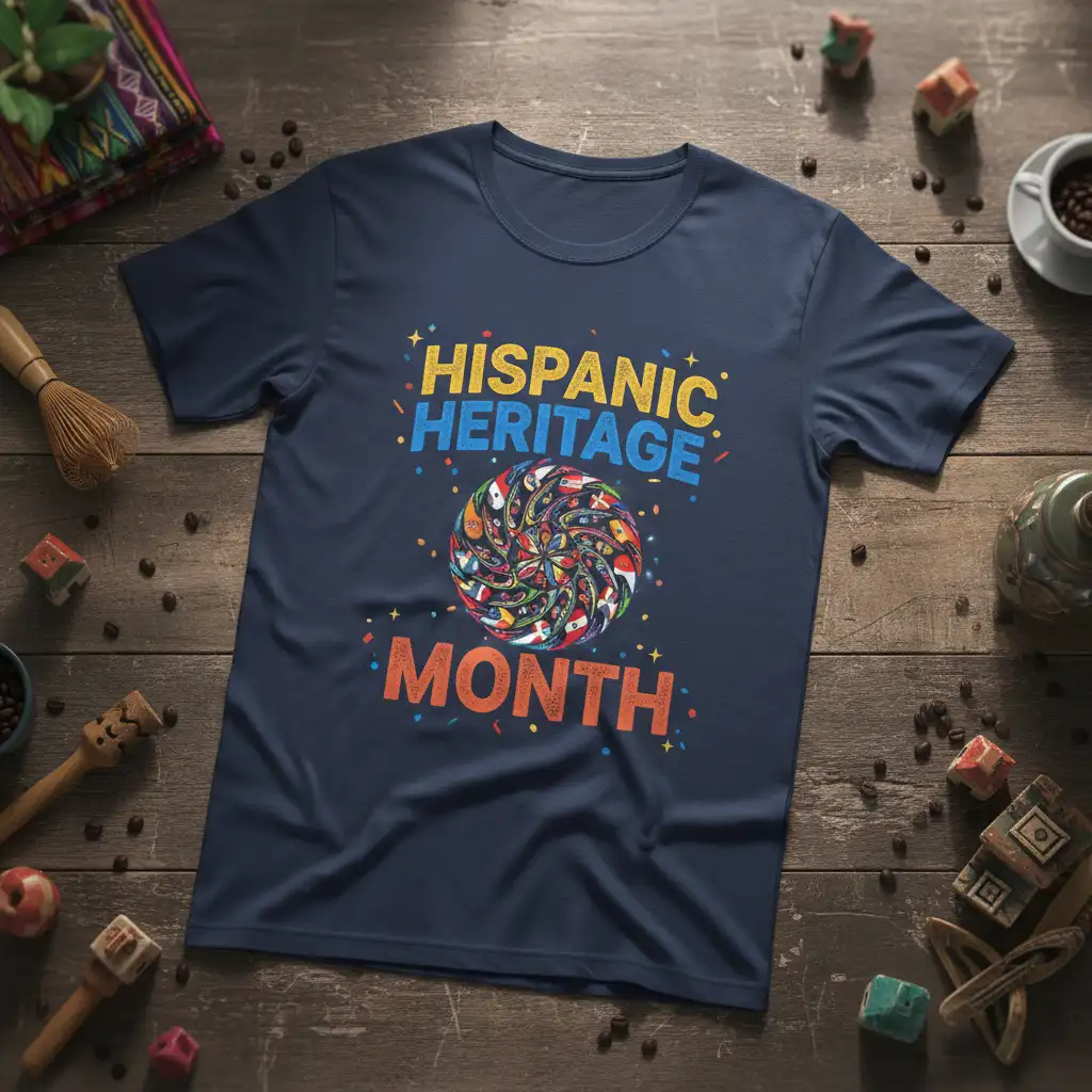 Hispanic Heritage Month text with colorful flag mosaic graphic on a navy blue t-shirt