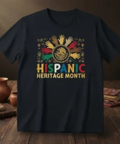 Hispanic Heritage Month t-shirt with colorful hands encircling a Mexican emblem and bold text