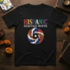 Hispanic Heritage Month t-shirt with colorful text and circular hand graphic representing unity and culture