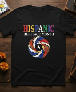 Hispanic Heritage Month t-shirt with colorful text and circular hand graphic representing unity and culture