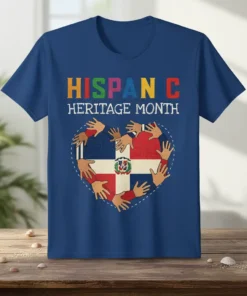 Hispanic Heritage Month t-shirt with Dominican Republic flag heart and colorful text
