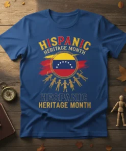 Hispanic Heritage Month t-shirt design with Venezuela flag and circle of diverse figures, yellow and red text