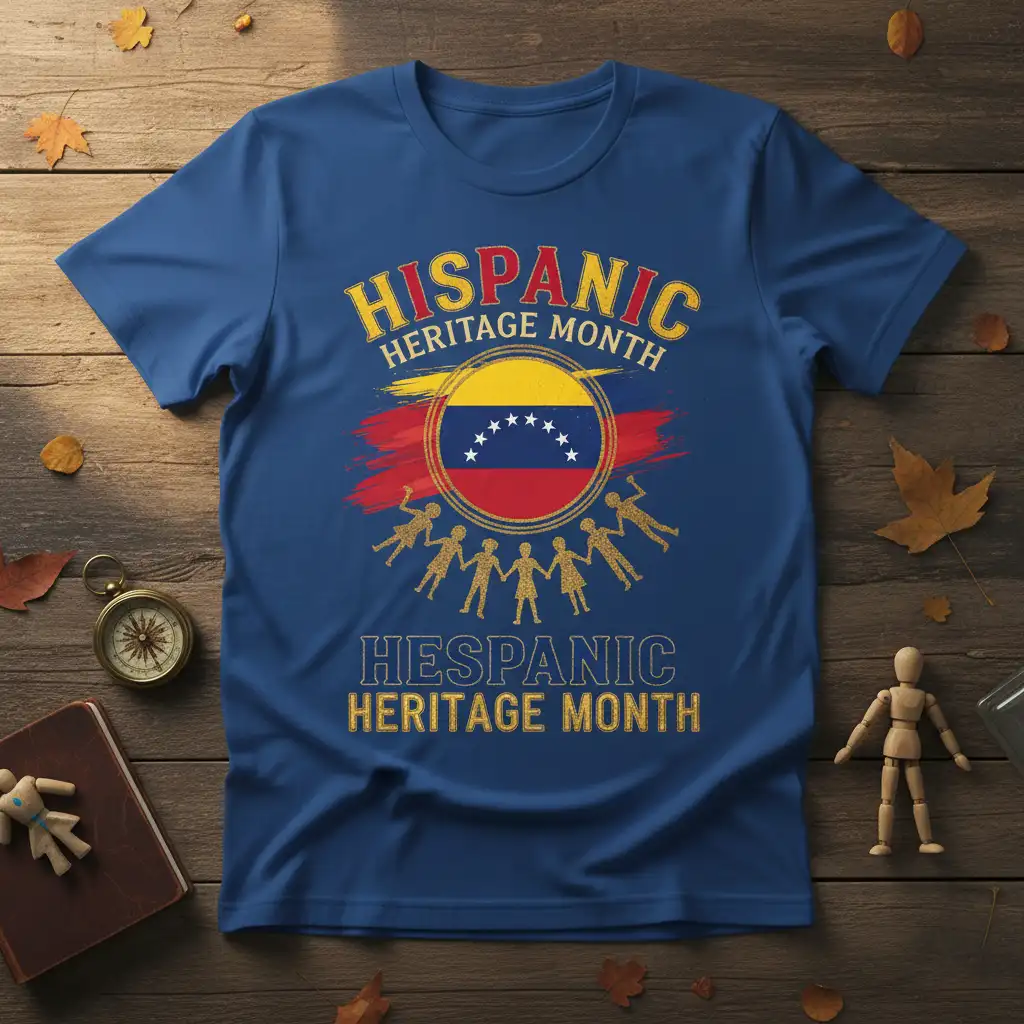 Hispanic Heritage Month t-shirt featuring the Venezuela flag emblem and surrounding diverse figures, with bold golden text