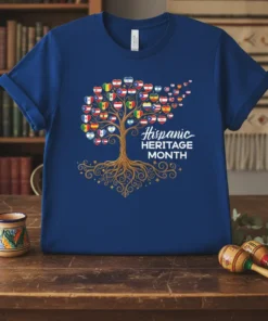Hispanic Heritage Month tree design with flags of Latin American countries as leaves and roots