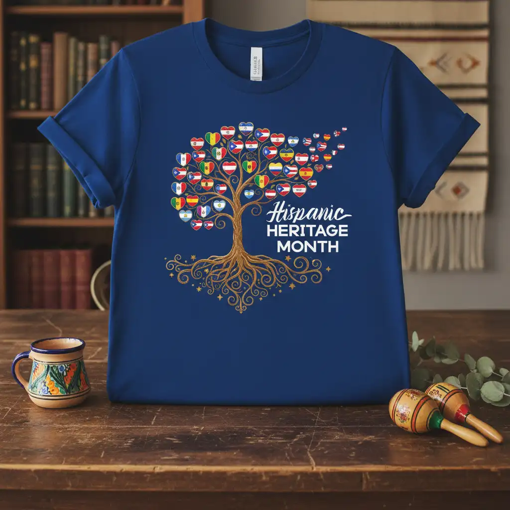 Hispanic Heritage Month tree graphic with Latin American flags as leaves and roots symbolizing cultural diversity