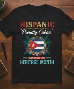 Hispanic Proudly Cuban República de Cuba Heritage Month t-shirt design featuring the Cuban flag and festive elements