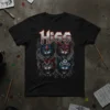 HISS cat band design with four fierce felines in heavy metal style, white and red typography, dark smoke effect