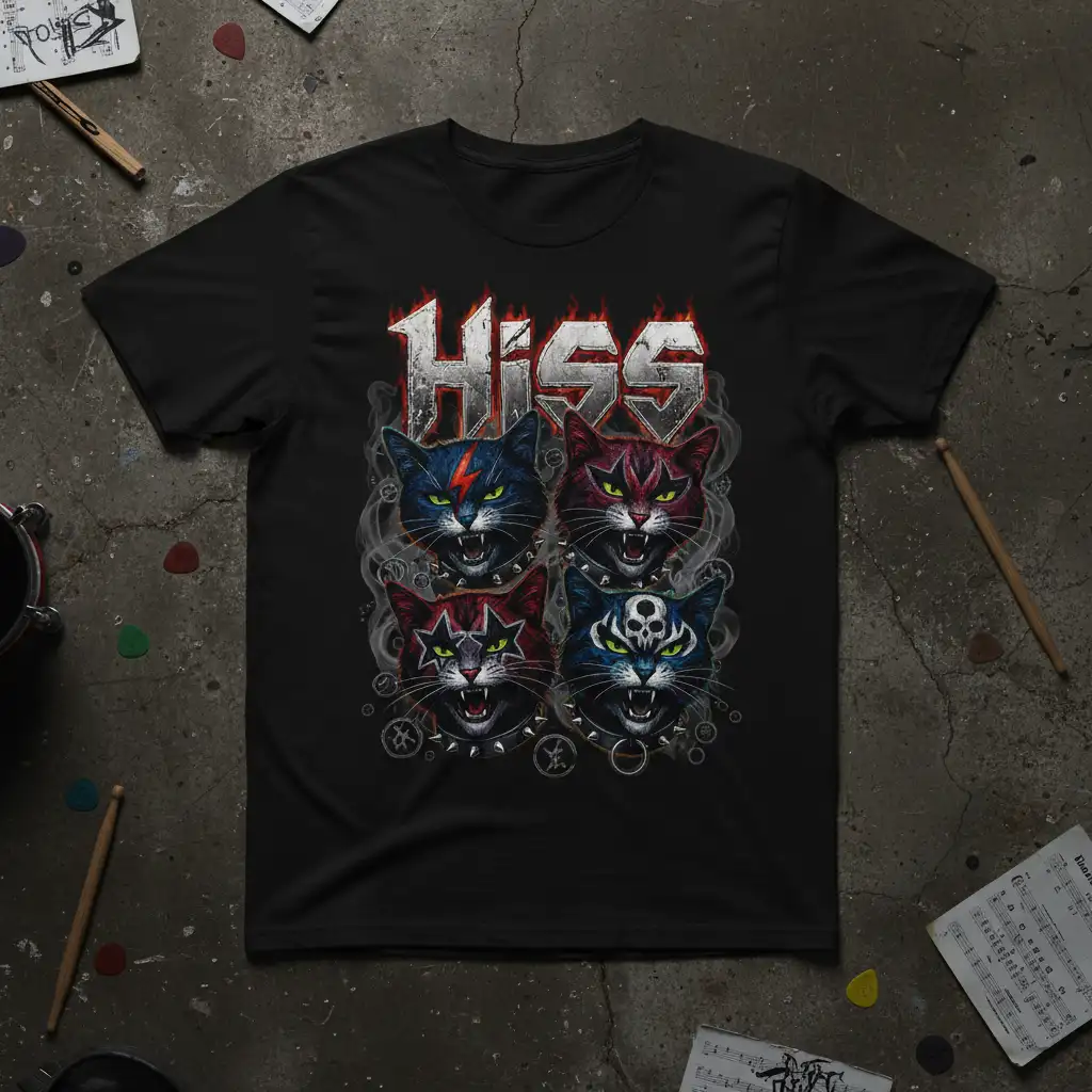 HISS cat band design with four fierce felines in heavy metal style, bold typography, and dark smoky accents