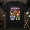 Black t-shirt featuring the word HISS above four cat faces styled like rock band members, HISS CATS ROCK design