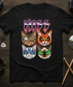Black t-shirt featuring the word HISS above four cat faces styled like rock band members, HISS CATS ROCK design