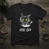 Hiss Off funny cat t-shirt with a black cat graphic and bright yellow eyes, white text below