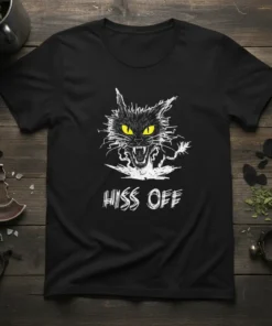 Hiss Off funny cat t-shirt with a black cat graphic and bright yellow eyes, white text below